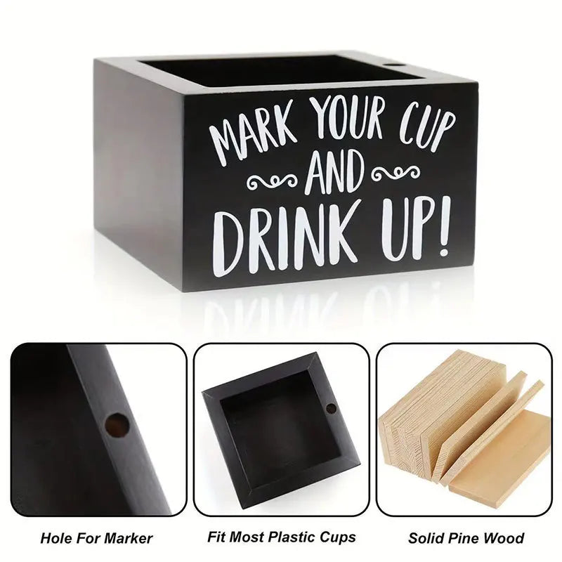 Party cup dispenser Wooden cup holder with pen slot and  Party Cups Organizer Mark Your Cup and Drink Up Home Bar Birthday Party