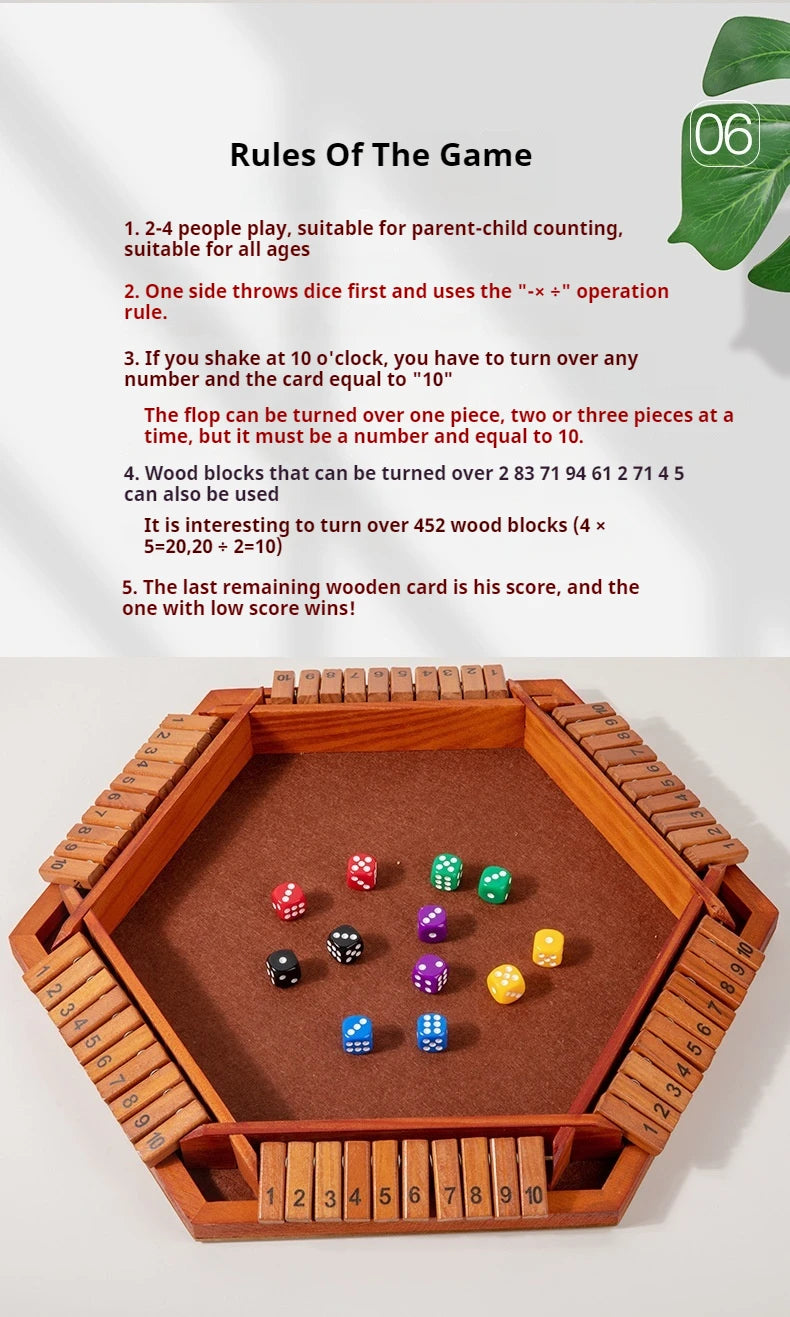 Six Sided Flipping Game, Wooden Number Game, Shut The Box Dice Game - Parent-Child Board Game, Bar Party, Leisure Gambling Game