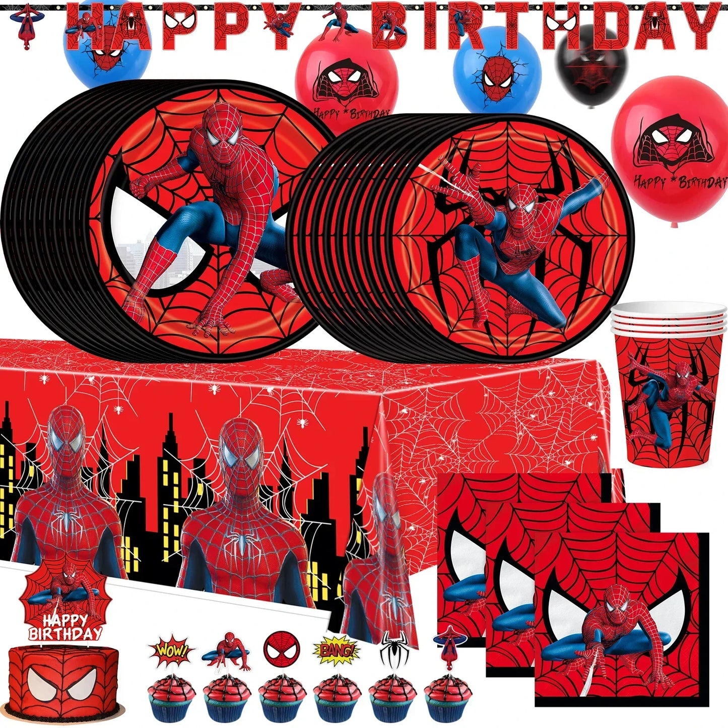 Spiderman Party Supplies Include Paper Cups Plates Balloons Tablecloth Cake Toppers for Kids Birthday Party Decor Baby Shower