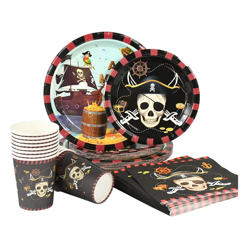 Pirate Theme Party Disposable Tableware Sets Paper Plate Cup Kids Birthday Party Decor Halloween Baby Shower Dining-table Supply