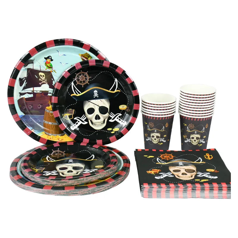 Pirate Theme Party Disposable Tableware Sets Paper Plate Cup Kids Birthday Party Decor Halloween Baby Shower Dining-table Supply