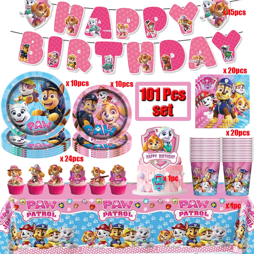 Cartoon Paw Patrol Birthday Party Decoration Paper Tableware Kit Dogs Skye Party Supply Cake Toppers Cups Plates Kids Favors