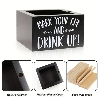 Party cup dispenser Wooden cup holder with pen slot and  Party Cups Organizer Mark Your Cup and Drink Up Home Bar Birthday Party