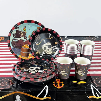 Pirate Theme Party Disposable Tableware Sets Paper Plate Cup Kids Birthday Party Decor Halloween Baby Shower Dining-table Supply