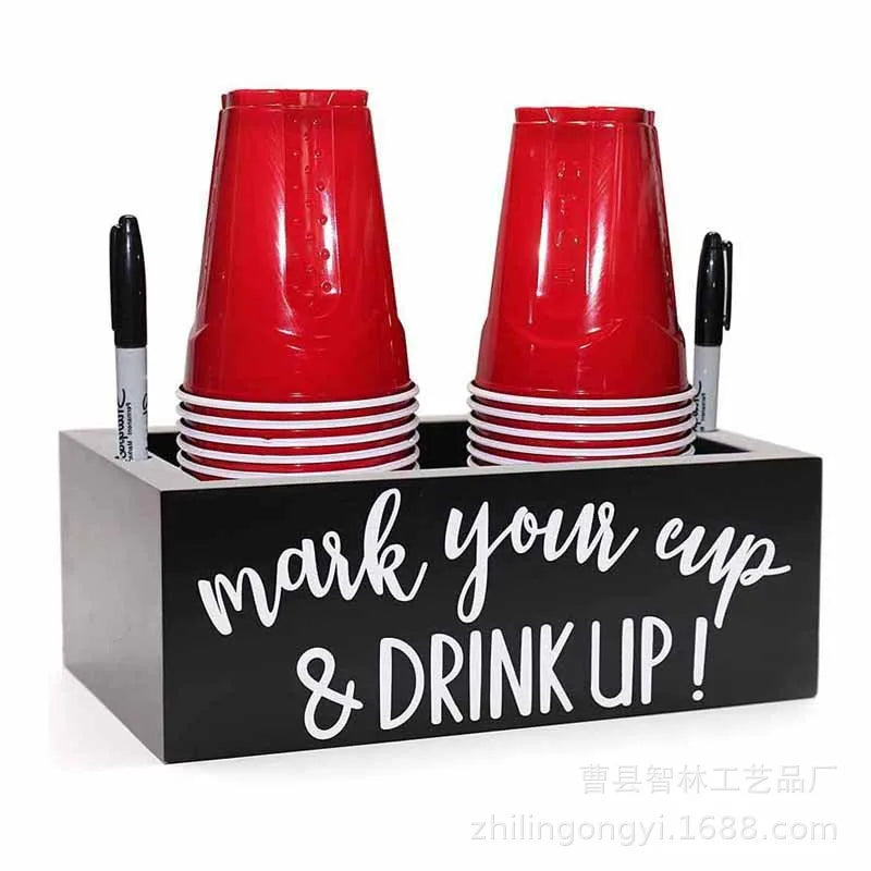 Party cup dispenser Wooden cup holder with pen slot and  Party Cups Organizer Mark Your Cup and Drink Up Home Bar Birthday Party
