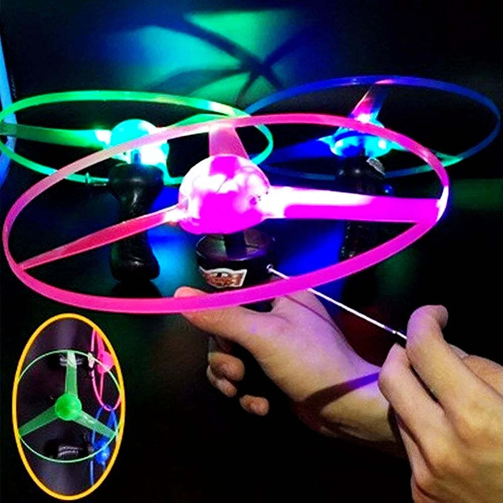 Kids Luminous Flying Disc Propeller Toys LED Lighting Pull String Flying UFO Toy Spinning Top Outdoor Game Sports Toy Gift