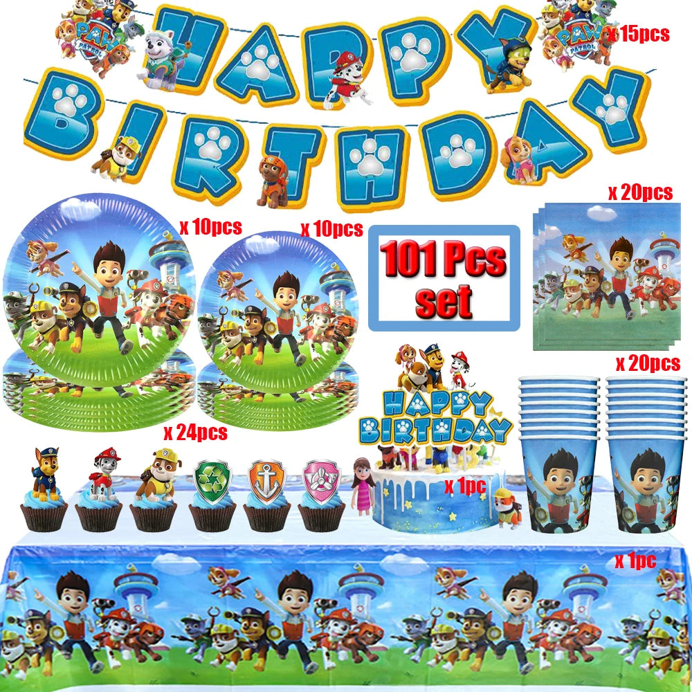 Cartoon Paw Patrol Birthday Party Decoration Paper Tableware Kit Dogs Skye Party Supply Cake Toppers Cups Plates Kids Favors