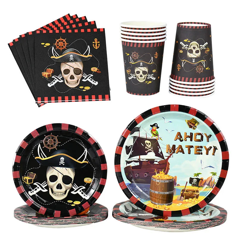 Pirate Theme Party Disposable Tableware Sets Paper Plate Cup Kids Birthday Party Decor Halloween Baby Shower Dining-table Supply