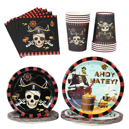Pirate Theme Party Disposable Tableware Sets Paper Plate Cup Kids Birthday Party Decor Halloween Baby Shower Dining-table Supply