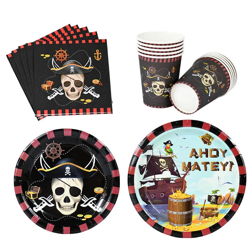 Pirate Theme Party Disposable Tableware Sets Paper Plate Cup Kids Birthday Party Decor Halloween Baby Shower Dining-table Supply